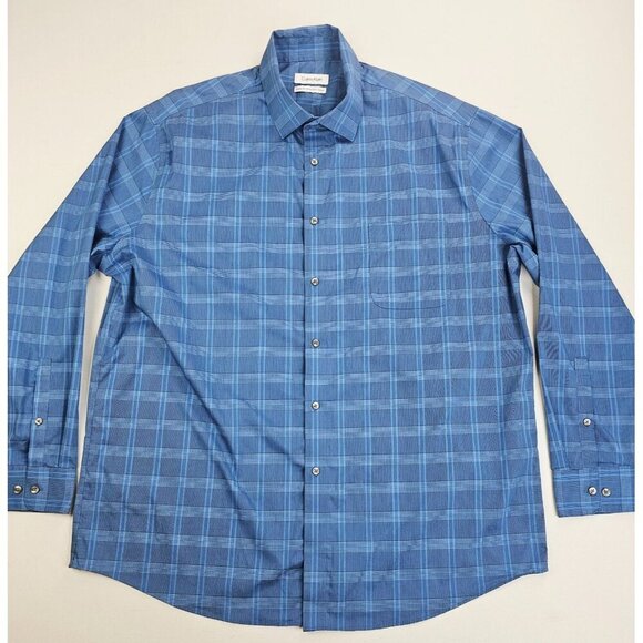 Calvin Klein 17-17.5 34-35 XL Mens Blue Check Regular Fit Wrinkle Free Stretch - Picture 6 of 10